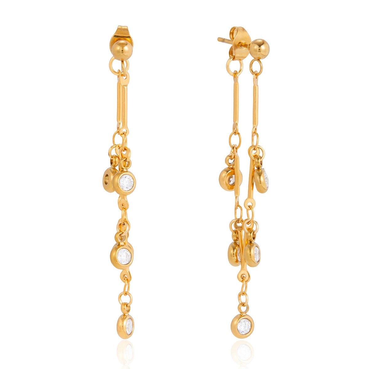 Jingqiao European and American stainless steel 18K white zircon tassel earrings, fashionable and elegant with shining stud earrings, new cross-border style for women