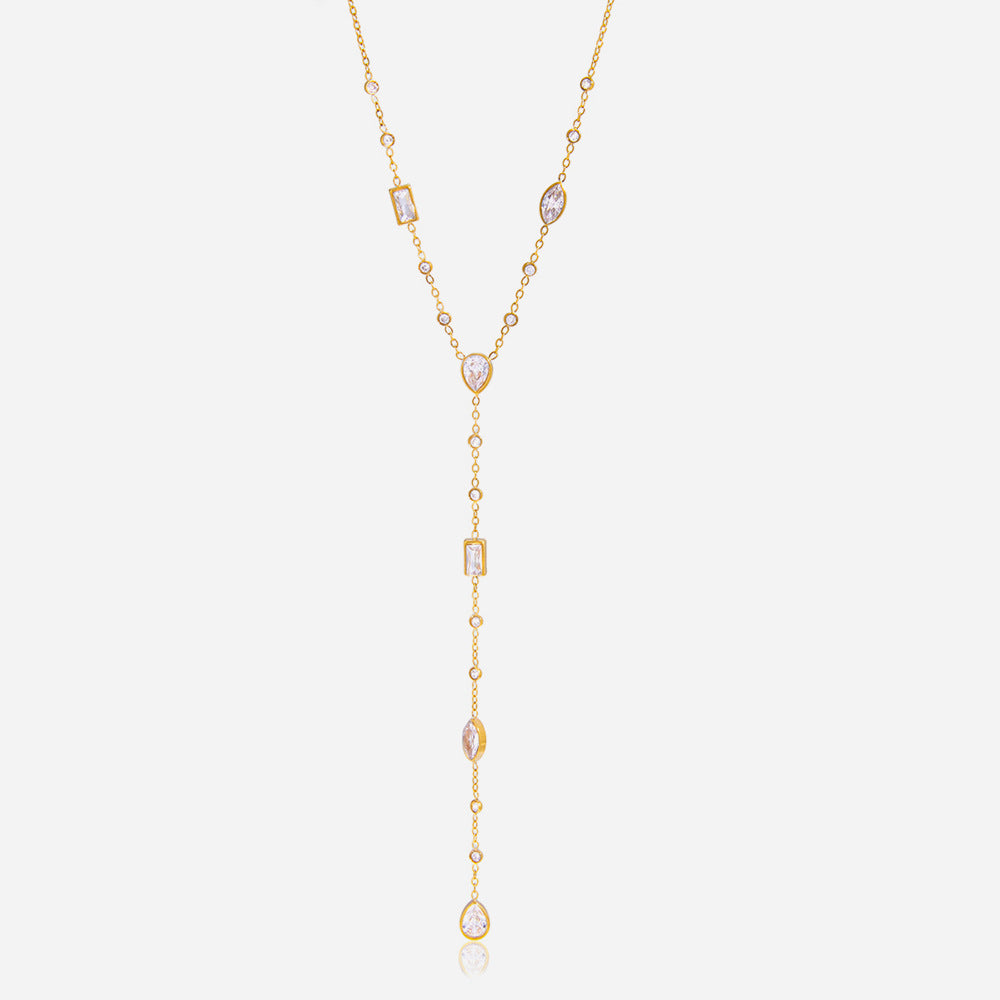 Jingqiao European and American 18K gold stainless steel white geometric zircon Y-shaped chain necklace is a best-selling cross-border accessory that doesn't fade for women
