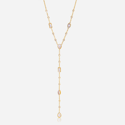 Jingqiao European and American 18K gold stainless steel white geometric zircon Y-shaped chain necklace is a best-selling cross-border accessory that doesn't fade for women