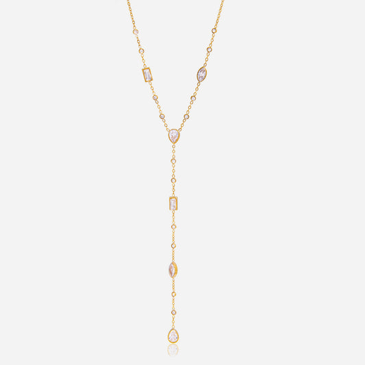 Jingqiao European and American 18K gold stainless steel white geometric zircon Y-shaped chain necklace is a best-selling cross-border accessory that doesn't fade for women