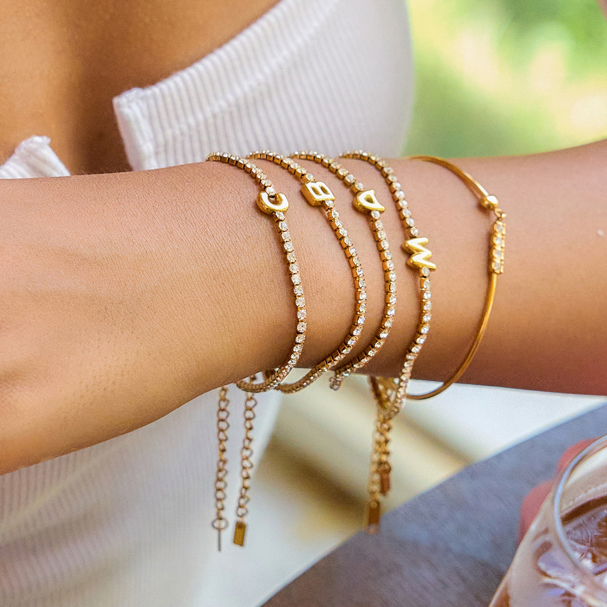 Classic style 18K gold stainless steel bracelet with white diamonds and glossy lines, stainless steel bracelet accessory