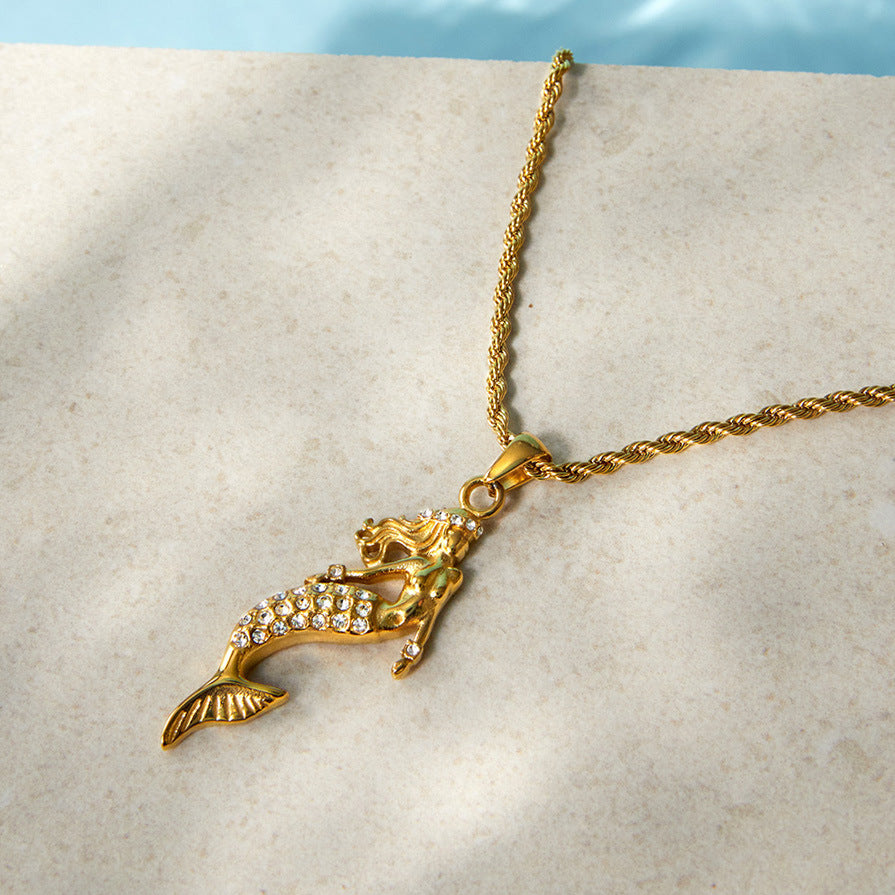 Jingqiao titanium steel zircon mermaid pendant necklace light luxury niche stainless steel cross-border accessory for women with a high-end feel