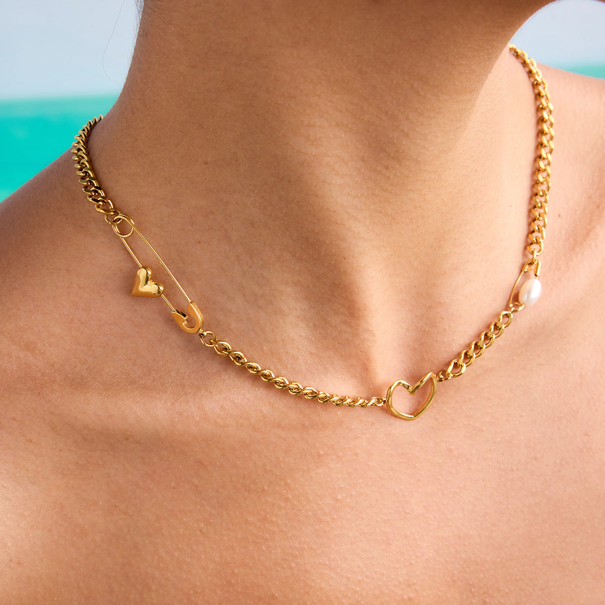 Jingqiao cross-border 18K gold stainless steel paper clip necklace love freshwater pearl necklace light luxury luxury luxury jewelry