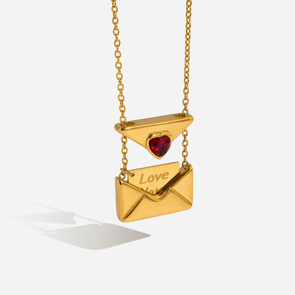 Quiet classic style 18K gold stainless steel red love zircon envelope necklace light luxury niche cross-border jewelry women