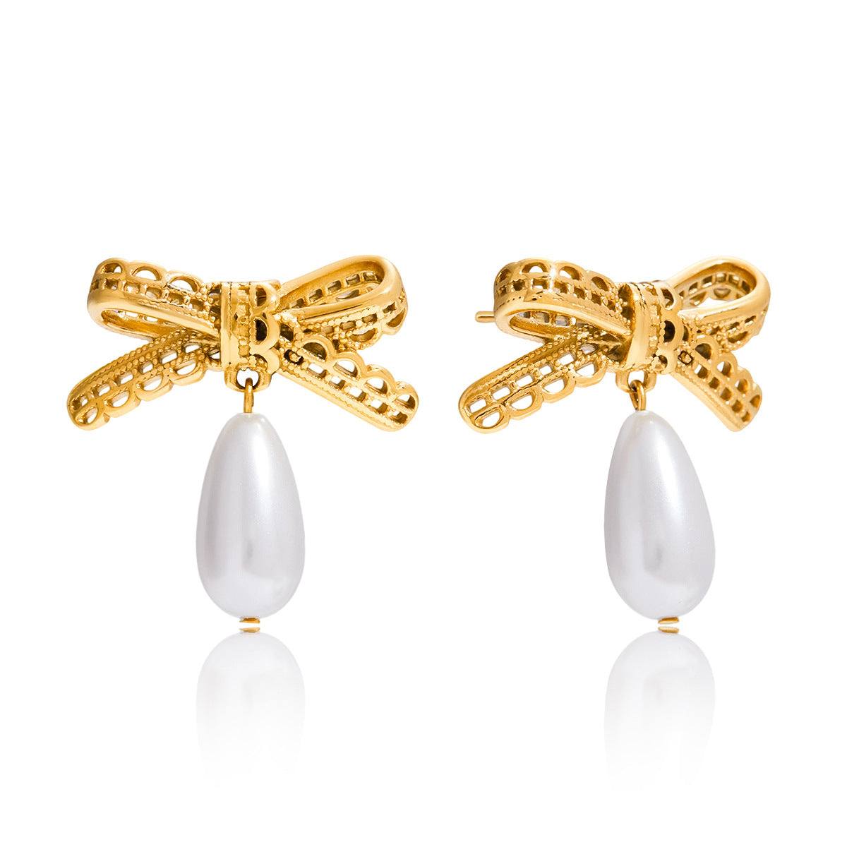 Jingqiao vintage style 18K gold stainless steel lace bow hollow pearl pendant earrings light luxury cross-border earrings
