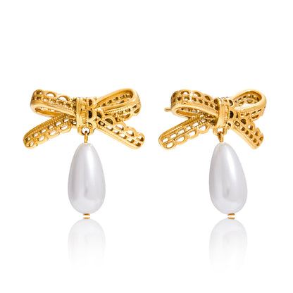 Jingqiao vintage style 18K gold stainless steel lace bow hollow pearl pendant earrings light luxury cross-border earrings