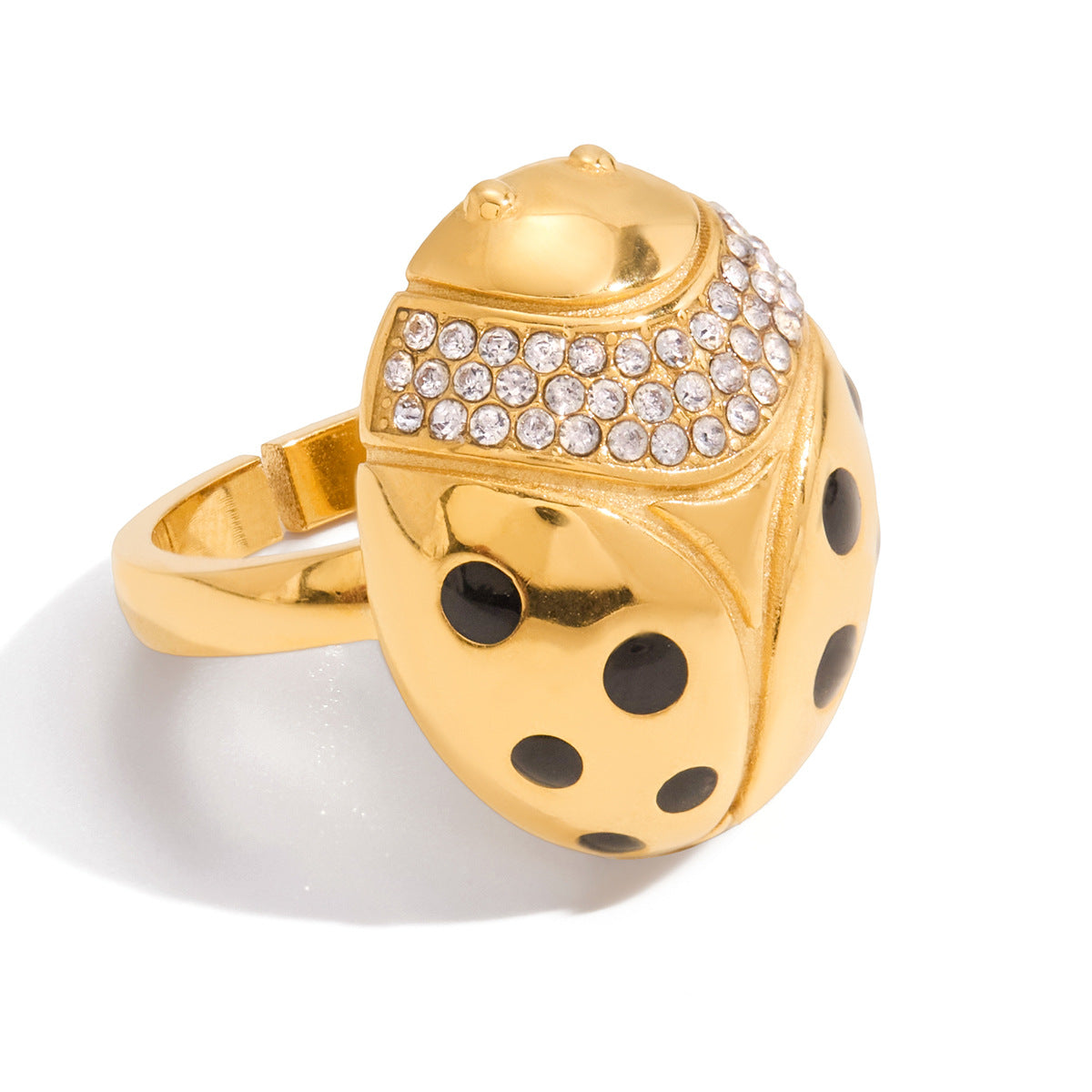 Jingqiao classic style white zircon ladybug ring, niche high-end look, titanium steel fade-proof cross-border e-commerce design women