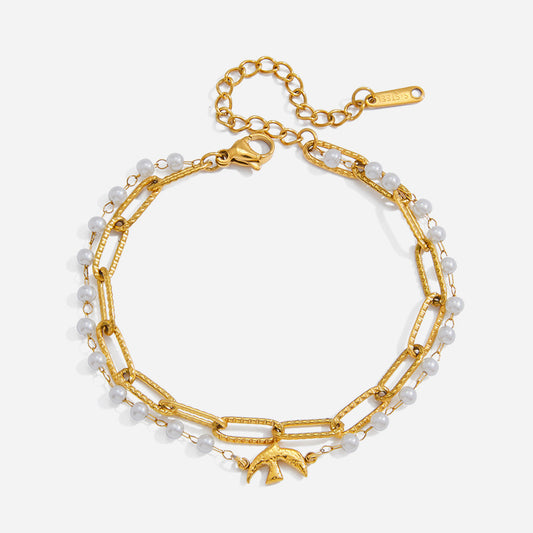 Jingqiao Sweet Style 18K gold stainless steel Flying Bird series pearl jewelry bracelet, light luxury high-end cross-border accessory