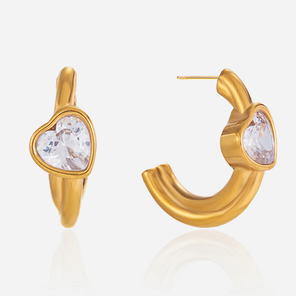 Jingqiao stainless steel heart-shaped zircon C-shaped earrings, light luxury and high-end earrings, niche design titanium steel cross-border accessories