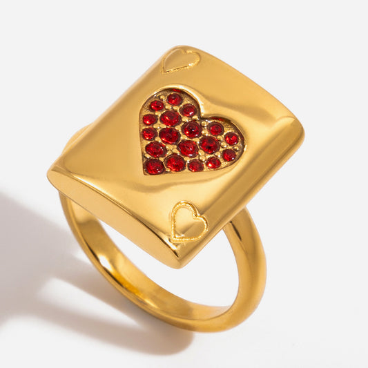 Jingqiao Minimalist 18K Stainless Steel Zircon Playing Card Lucky Ring Rich Ring Niche High-End Cross-border Accessory