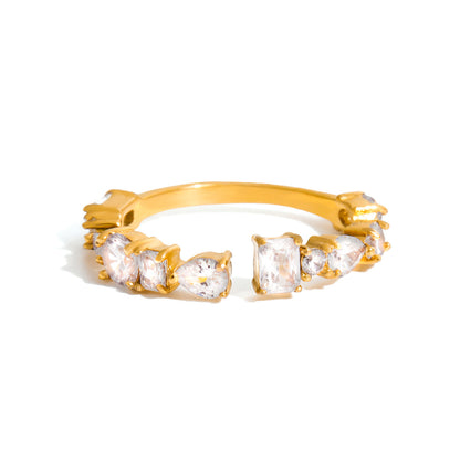 Classic style with a quiet and charming design, 18K gold stainless steel irregular white zircon adjustable versatile opening ring