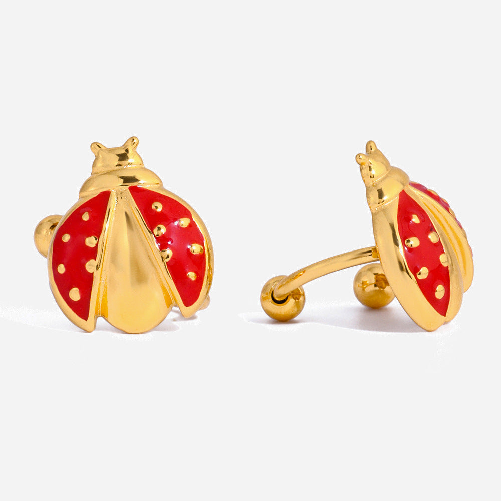 Jingqiao Classic Style 18K Gold Stainless Steel Red Oil-Dripping Ladybug Ear Clips Niche Earrings Light Luxury and High-End Cross-Border Style