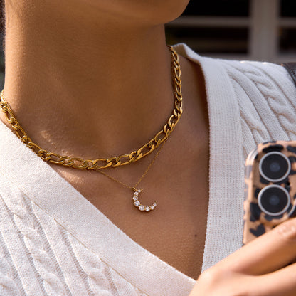 Jingqiao European and American white round zircon moon pendant, stainless steel necklace, cross-border minimalist fashion versatile accessory for women