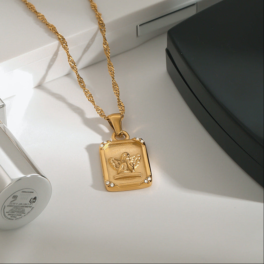 Jingqiao cross-border women's necklace jewelry, niche high-end light luxury square brand embossed angel pendant, titanium steel 18k gold jewelry