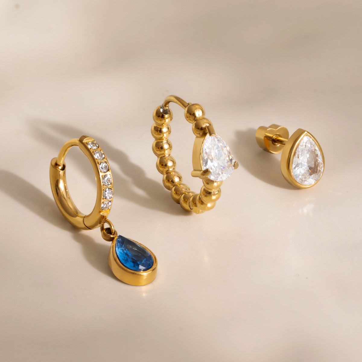 Jingqiao European and American Earring Set for Women, 18K Gold Stainless Steel Waterdrop-shaped Zircon Earrings, Cross-border Personalized Elegant Earrings