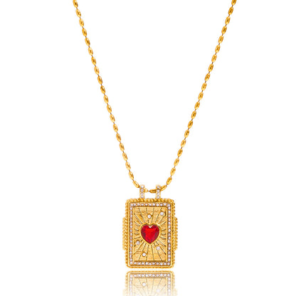 Jingqiao Design vintage style 18K gold stainless steel red heart-shaped zircon tower pendant stainless steel necklace accessory