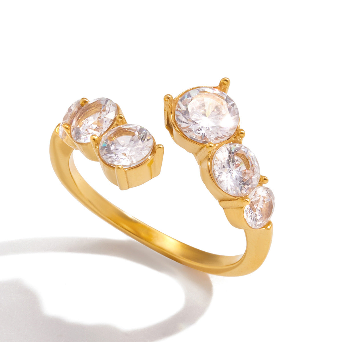 Jingqiao Classic Style 18K Gold Stainless Steel Round White Zircon Ring, Niche High-End Jewelry Cross-border Accessory