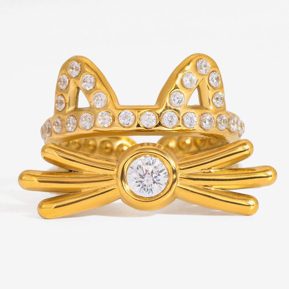Quiet and sweet style stainless steel rhinestone cat opening titanium steel ring, niche high-end cross-border jewelry design