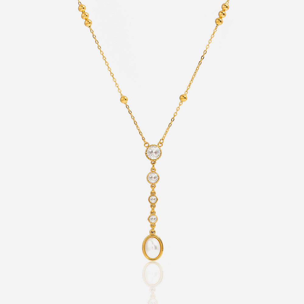 Jingqiao Classic Style 18K Gold Stainless Steel White Diamond Necklace Decoration Y-Shaped Chain Pearl Jewelry for Autumn and Winter Cross-border High-End Feel