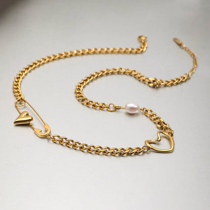 Jingqiao cross-border 18K gold stainless steel paper clip necklace love freshwater pearl necklace light luxury luxury luxury jewelry