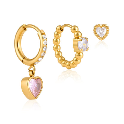 Jingqiao European and American Earring Set, 18k gold stainless steel zircon heart pendant earrings, cross-border daily versatile earrings
