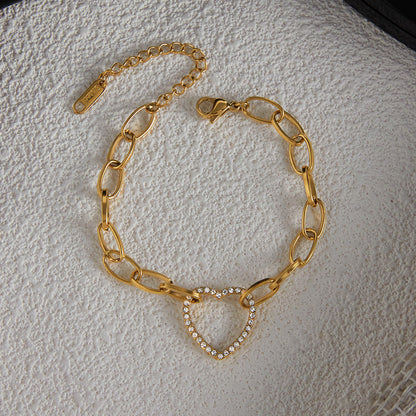 Classic style 18K gold stainless steel bracelet with white rhinestone heart, wholesale jewelry for classic style