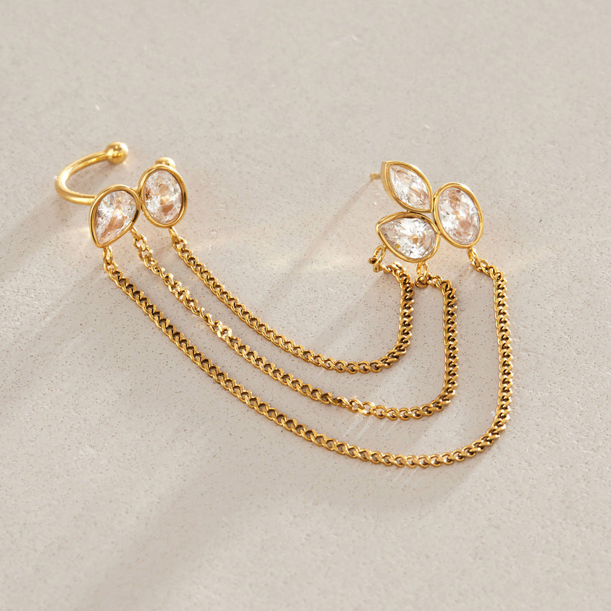 Jingqiao zircon tassel earrings with light luxury and high-end feel ear clips for women, no piercings, stainless steel earrings, titanium steel accessories
