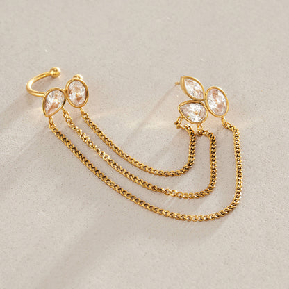 Jingqiao zircon tassel earrings with light luxury and high-end feel ear clips for women, no piercings, stainless steel earrings, titanium steel accessories