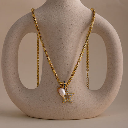 Jingqiao European and American 18K stainless steel freshwater pearl pendant necklace, zircon necklace, fashionable classic cross-border accessory for women
