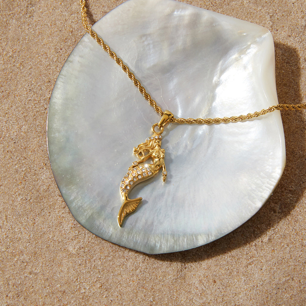 Jingqiao titanium steel zircon mermaid pendant necklace light luxury niche stainless steel cross-border accessory for women with a high-end feel