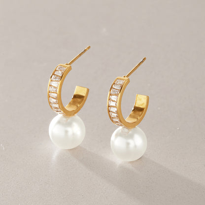 Jingqiao titanium steel earrings, zircon glass pearl pendants, C-shaped earrings, light luxury and high-end stainless steel earrings cross-border