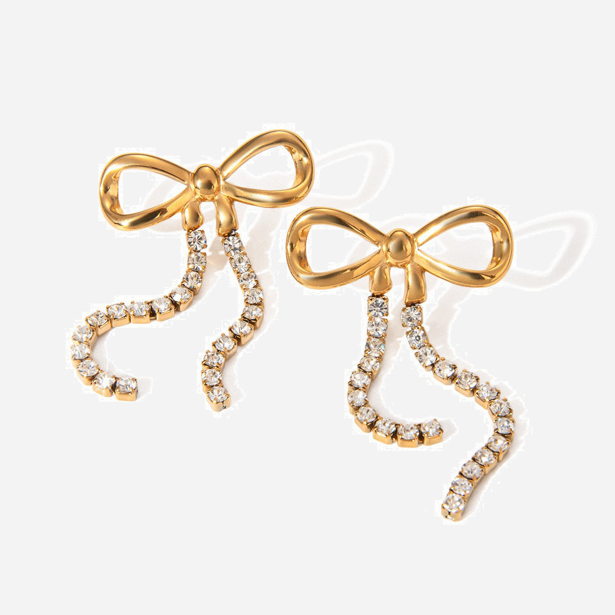 18k gold stainless steel bow hanging two diamond chain earrings vacuum electroplating non-fading jewelry wholesale diamond setting