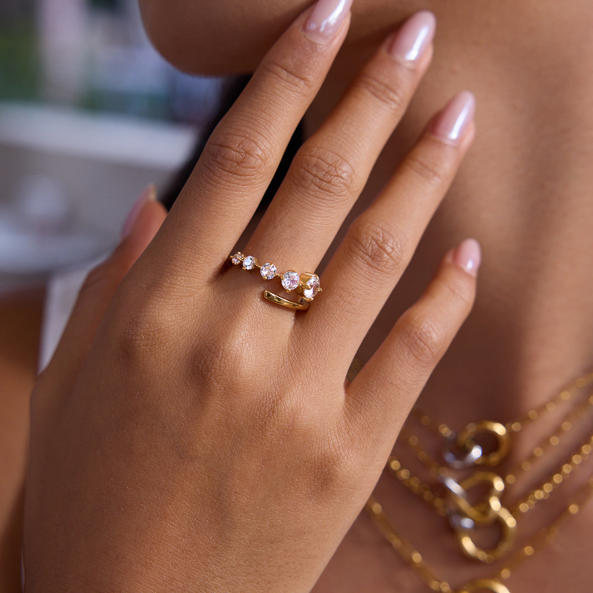 Quiet design classic style 18K gold stainless steel round white zircon line ring stainless steel jewelry