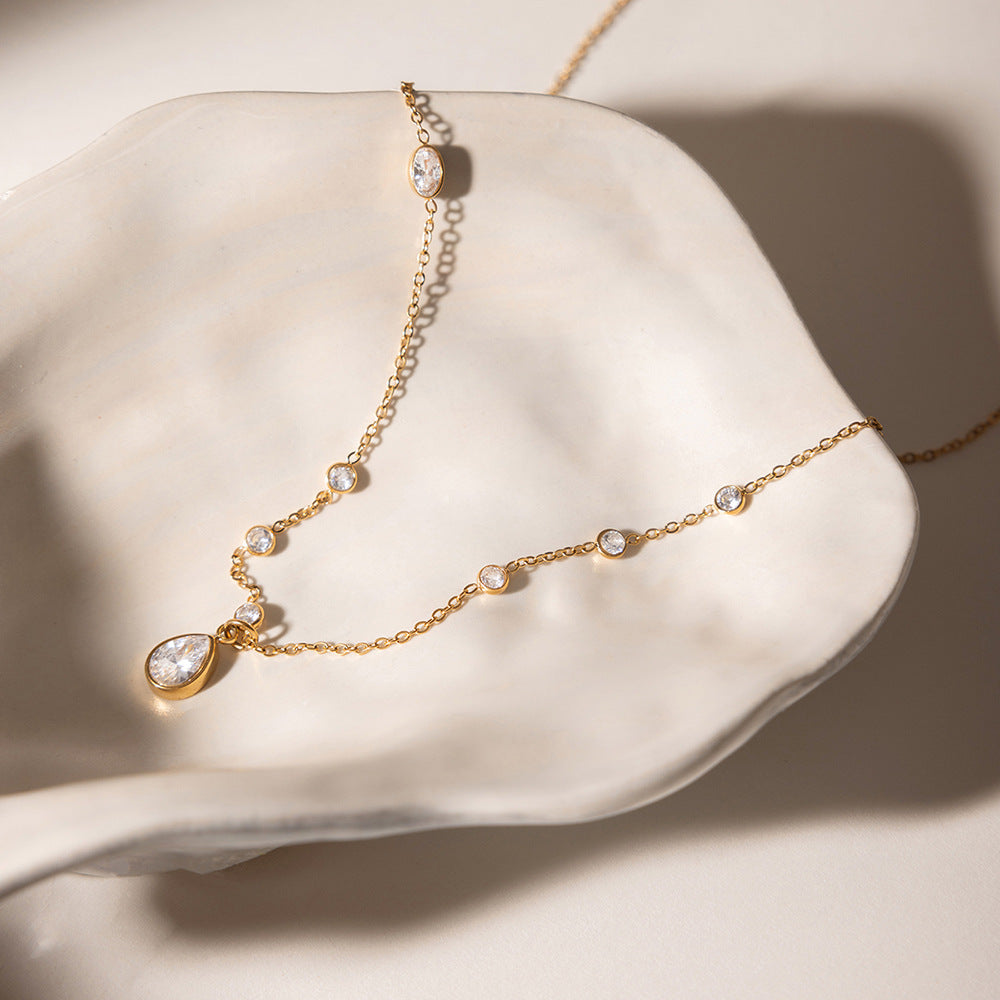 Jingqiao Classic Style 18K Gold Stainless Steel Waterdrop Zircon Necklace Light Luxury Niche Cross-border Accessories Design Niche