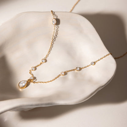 Jingqiao Classic Style 18K Gold Stainless Steel Waterdrop Zircon Necklace Light Luxury Niche Cross-border Accessories Design Niche