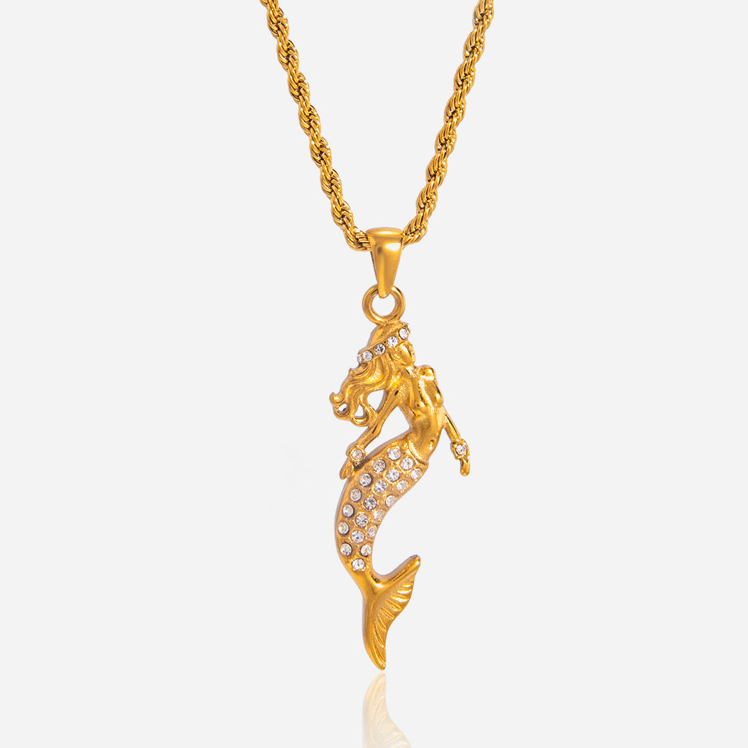 Jingqiao titanium steel zircon mermaid pendant necklace light luxury niche stainless steel cross-border accessory for women with a high-end feel