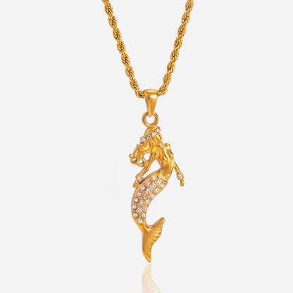 Jingqiao titanium steel zircon mermaid pendant necklace light luxury niche stainless steel cross-border accessory for women with a high-end feel