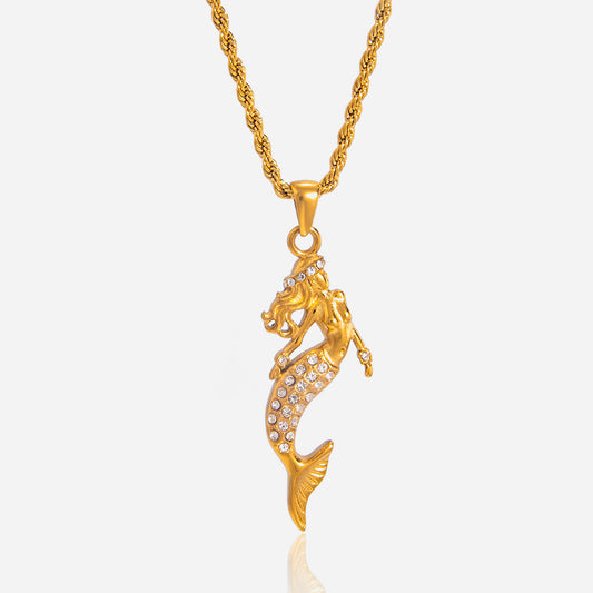 Jingqiao titanium steel zircon mermaid pendant necklace light luxury niche stainless steel cross-border accessory for women with a high-end feel