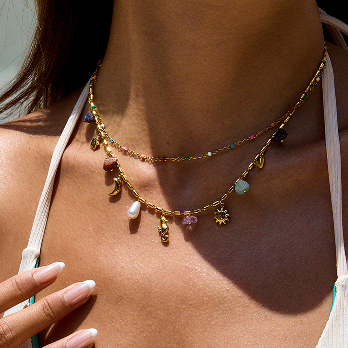 Jingqiao Design vacation-style 18K gold stainless steel pearl heart cross with white diamond cross pendant necklace