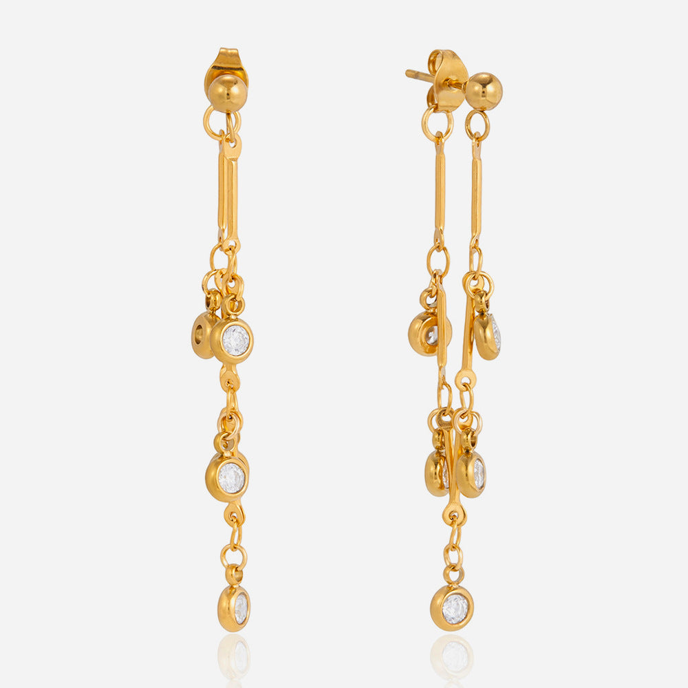 Jingqiao European and American stainless steel 18K white zircon tassel earrings, fashionable and elegant with shining stud earrings, new cross-border style for women