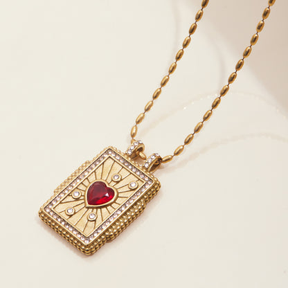 Jingqiao Design vintage style 18K gold stainless steel red heart-shaped zircon tower pendant stainless steel necklace accessory